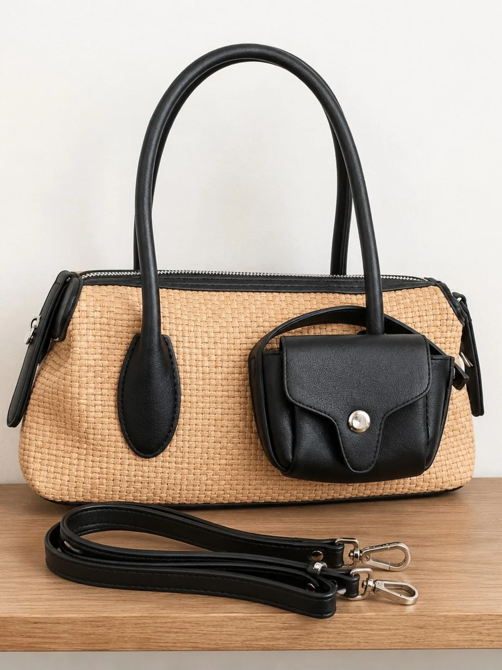 Classic Woven Straw Looking Tote with Black Leather Trim
